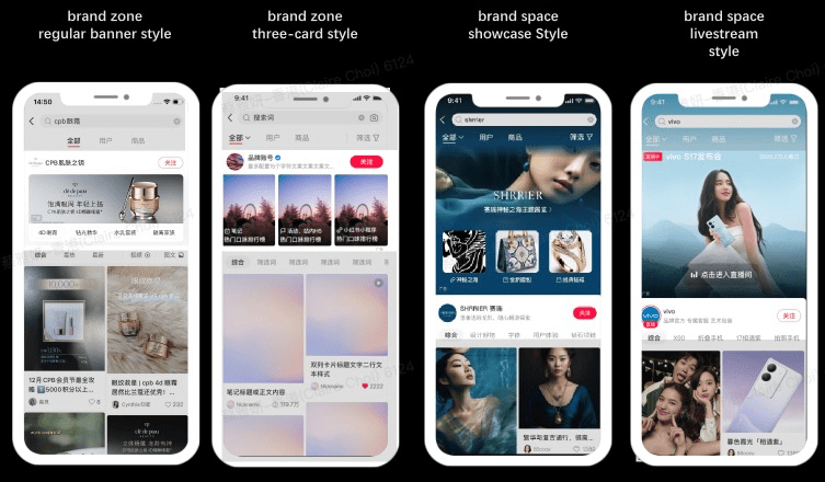 The visual shows the format of Brand Zone regular banner style, Brand Zone three-card style, Brand Space showcase style and Brand Space livestream style on Xiaohongshu.