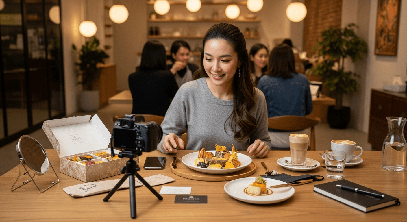 An Asian influencer is in a cafe working on her video about unboxing a new dish.