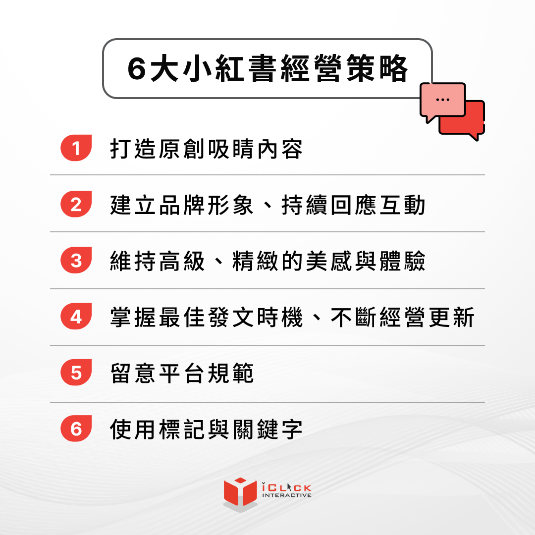 6 大小紅書經營策略
打造原創吸睛內容
建立品牌形象、持續回應互動
維持高級、精緻的美感與體驗
掌握最佳發文時機、不斷經營更新
留意平台規範
使用標記與關鍵字
