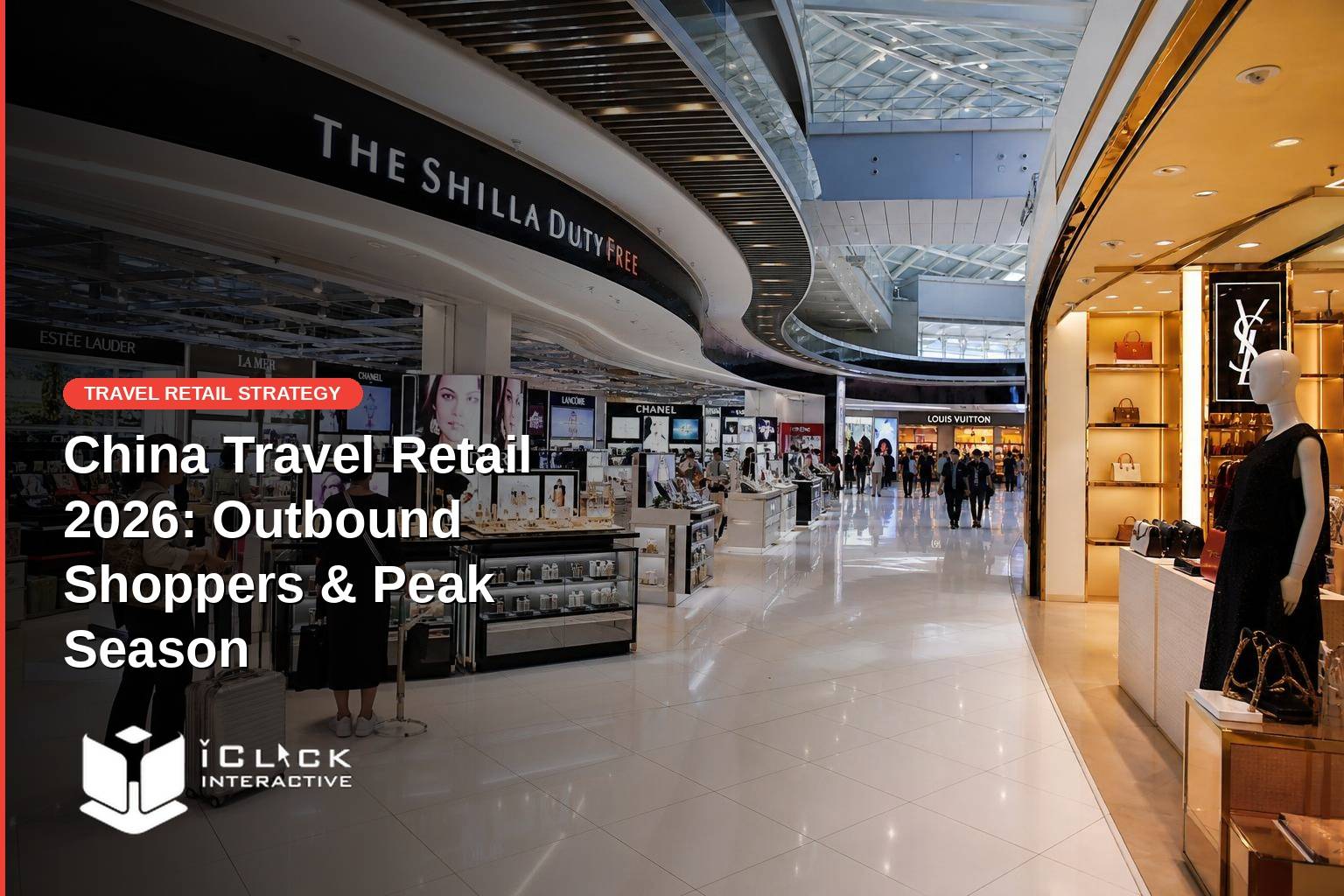 Article banner for iClick Interactive. Background photo shows the interior of a luxury airport duty-free retail corridor featuring beauty counters and premium fashion boutiques. Red pill tag reads "TRAVEL RETAIL STRATEGY". Headline reads "China Travel Retail 2026: Outbound Shoppers & Peak Season" in bold white text. iClick Interactive logo at bottom-left.
